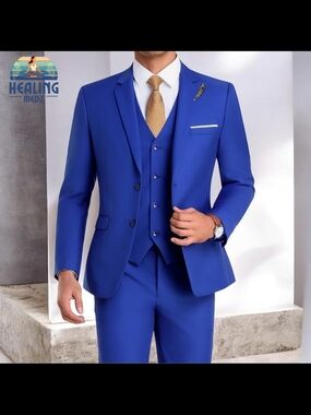 Men Suit XL Groomsmen Royal Blue Slim Fit 3 Pieces Suit For Men